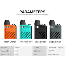 Load image into Gallery viewer, Original Uwell Caliburn AK2 Pod Kit 520mAh 15W 2mL Caliburn A2 Cartridge UN2 Meshed-H 0.9ohm Vaporizer Electronic Cigarette Vape