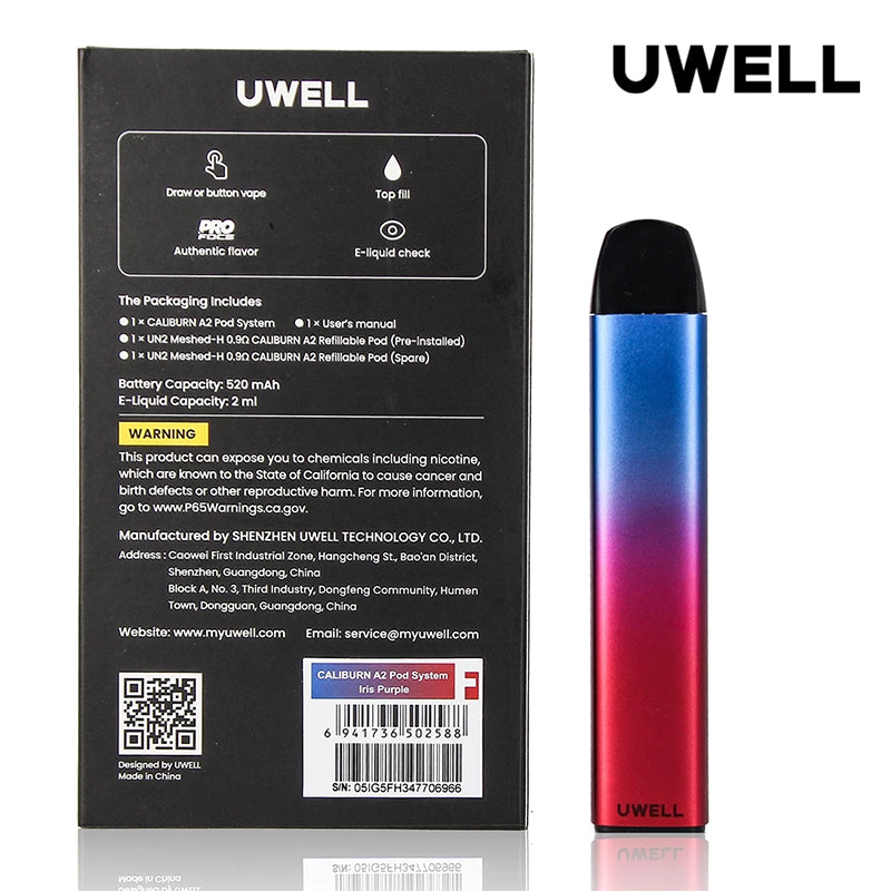 Original Uwell Caliburn A2 Pod Kit 520mAh Battery 2mL Cartridge UN2 Meshed-H 0.9ohm Coil Electronic Cigarette Vape Pod Vaporizer