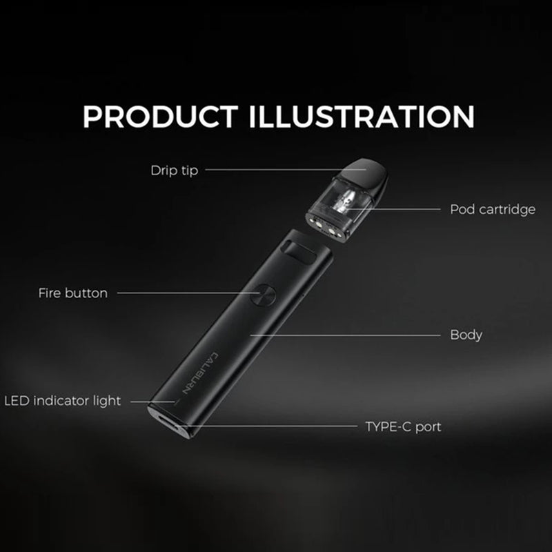 Original Uwell Caliburn A2 Pod Kit 520mAh Battery 2mL Cartridge UN2 Meshed-H 0.9ohm Coil Electronic Cigarette Vape Pod Vaporizer